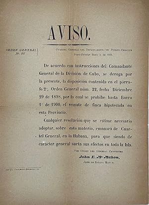 AVISO. ORDEN GENERAL NO. 25. CUARTEL GENERAL DEL DEPARTAMENTO DE PUERTO-PRINCIPE. ENERO 11 de 189...