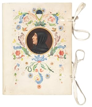 Painted and illuminated vellum book cover with portrait of Savonarola