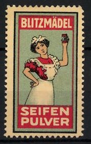 Bild des Verkufers fr Reklamemarke Blitzmdel Seifenpulver, Dienstmdchen mit Dose zum Verkauf von Bartko-Reher