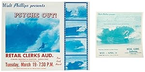 2 super rare Walt Phillips surf film flyers/posters: 'PSYCHE OUT!' and 'SURF MANIA"