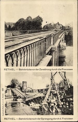 Ansichtskarte / Postkarte Rethel Ardennes, Bahnbrücke vor und nach der Zerstörung durch Franzosen