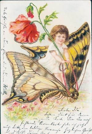 Glitzer Litho Kind, Schmetterling, Blume