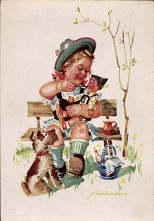 Künstler Ansichtskarte / Postkarte Mädchen füttert seine Puppe, Terrier