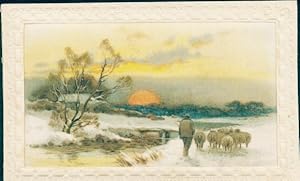 Seiden Ansichtskarte / Postkarte Hirte, Schafe, Sonnenuntergang
