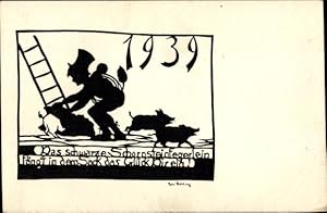 Scherenschnitt Künstler Ansichtskarte / Postkarte Schornsteinfeger, Glücksschweine 1939