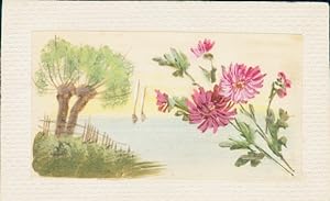 Seiden Ansichtskarte / Postkarte Bäume am Wasser, Blühende Blumen