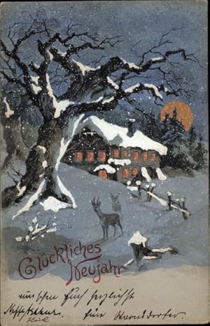 Ansichtskarte / Postkarte Glückwunsch Neujahr, Winterlandschaft, Rehe, Wohnhaus