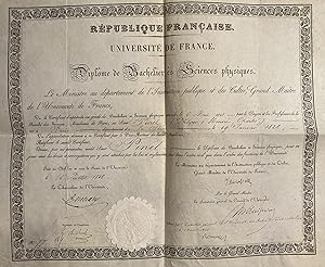 Seller image for Diplme de bachelier en sciences physique de Charles-Philippe PINEL dat du 6 juillet 1848 for sale by LIBRAIRIE PIMLICO