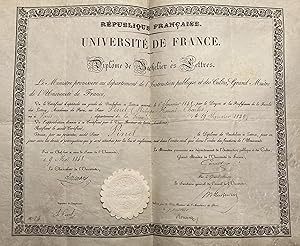 Seller image for Diplme de bachelier de Charles-Philippe PINEL dat du 9 mai 1848 for sale by LIBRAIRIE PIMLICO