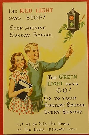 Vintage Sunday School Postcard - The Red Light says Stop!