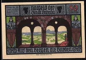 Seller image for Notgeld Lobeda 1921, 50 Pfennig, auf den Bergen die Burgen, Ritter, Frulein, Burgruine for sale by Bartko-Reher