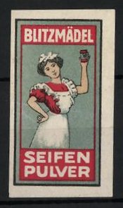 Bild des Verkufers fr Reklamemarke Blitzmdel Seifenpulver, Dienstmdchen mit Dose in der Hand zum Verkauf von Bartko-Reher