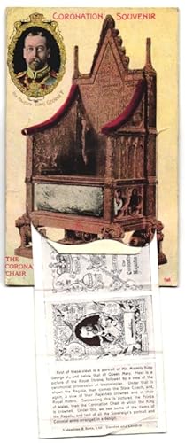 Leporello-Postcard King George V. and the Coronation Chair, Queen Mary, Royal Throne, Regalia, Pr...