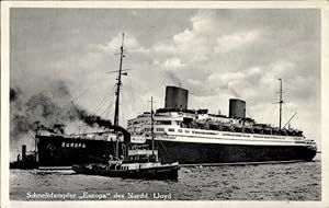 Ansichtskarte / Postkarte Norddeutscher Lloyd Bremen, Schnelldampfer Europa, Schleppschiff