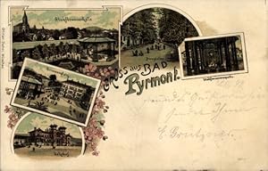 Litho Bad Pyrmont in Niedersachsen, Stahlbrunnenhalle, Bahnhof, Quelle, Hauptallee