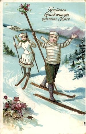 Ansichtskarte / Postkarte Glückwunsch Neujahr, Winterlandschaft, Skifahrer