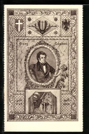 Künstler-Ansichtskarte Komponist Franz Schubert im Portrait, Lyra, Wappen, Geburtshaus