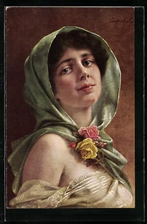 Künstler-Ansichtskarte Die Rose, dunkelhaarige Schönheit mit Kopftuch