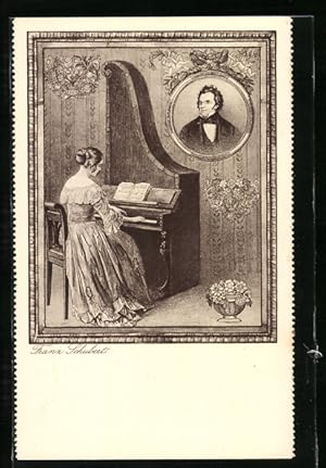 Ansichtskarte Franz Schubert, Portrait und Klavierspielerin