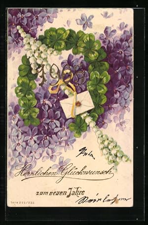 Ansichtskarte Blumenbild aus Veilchen und Kleeblättern als Gruss zu Neujahr
