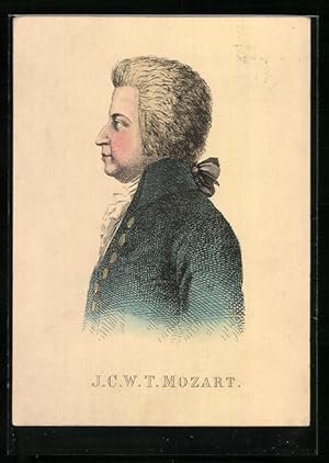 Künstler-Ansichtskarte Seitliche Darstellung von Mozart mit Rüschenkragen und blauem Jackett