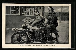 Bild des Verkufers fr Ansichtskarte Dreilnderfahrt des Eisernen Gustav Hartmann auf einem Zndapp-Motorrad zum Verkauf von Bartko-Reher