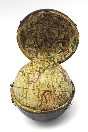 Miniature terrestrial pocket globe in a celestial case made by Johannes Deur