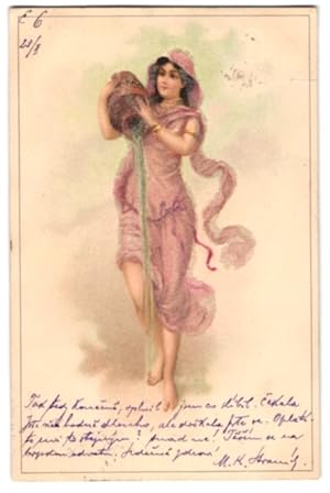 Künstler-Ansichtskarte Schöne Dame im rosa-transparentem Kleid giesst Wasser aus der Vase, Jugend...