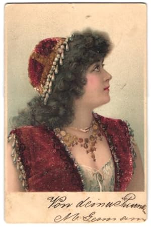 Künstler-Ansichtskarte Schöne junge Frau im roten Kleid mit Schmuck und Perlen, Jugendstil