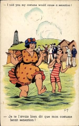 Ansichtskarte / Postkarte Ehepaar am Meer, Übergewichtige Frau, Bademode