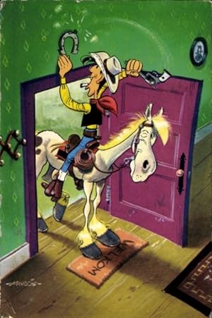 Image du vendeur pour Knstler Ansichtskarte / Postkarte Lucky Luke schlgt mit Pistole ein Hufeisen an die Wand, Reklame Pep mis en vente par akpool GmbH