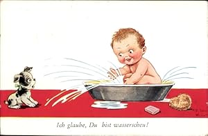 Bild des Verkufers fr Knstler Ansichtskarte / Postkarte Wills, John, Kind badet, Hund, Ich glaube, du bist wasserscheu zum Verkauf von akpool GmbH