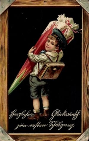Präge Ansichtskarte / Postkarte Glückwunsch zur Einschulung, Junge mit Zuckertüte, Schiefertafel