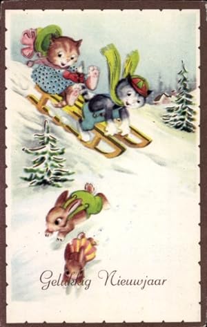 Ansichtskarte / Postkarte Glückwunsch Neujahr, Katzen fahren Schlitten, Hasen