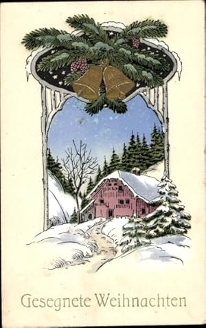 Ansichtskarte / Postkarte Glückwunsch Weihnachten, Haus, Glocken, Tannenzweige
