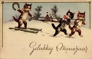 Ansichtskarte / Postkarte Glückwunsch Neujahr, Vermenschlichte Katzen, Skifahrt, Hufeisen