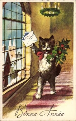 Ansichtskarte / Postkarte Glückwunsch Neujahr, Katze mit Stechpalme und Brief