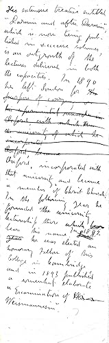 Imagen del vendedor de [G. J. Romanes; Darwin; Canadian-born evolutionary biologist, friend and disciple of Charles Darwin.] Part of Autograph Draft of biographical entry on himself, with deleted passage. a la venta por Richard M. Ford Ltd