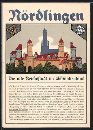 Steindruck-Ansichtskarte Nördlingen, Panorama der alten Reichstadt, Wappen