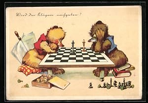 Ansichtskarte Wird der Klügere aufgeben, Bären beim Schachspiel