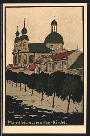 Steindruck-Ansichtskarte Mannheim, Strassenpartie mit Jesuiten-Kirche