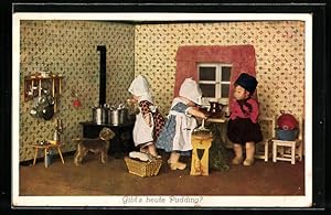 Ansichtskarte Gibt`s heute Pudding?, Käthe Kruse-Puppe in Küche