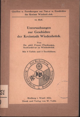 Bild des Verkufers fr Untersuchungen zur Geschichte der Kreisstadt Wiedenbrck. zum Verkauf von Antiquariat Jenischek