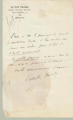 Image du vendeur pour Lettre autographe de Catulle Mends signe sur papier  en-tte du Petit Parisien. mis en vente par LIBRAIRIE PIMLICO