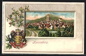 Passepartout-Lithographie Herrenberg, Ortspanorama, Wappen