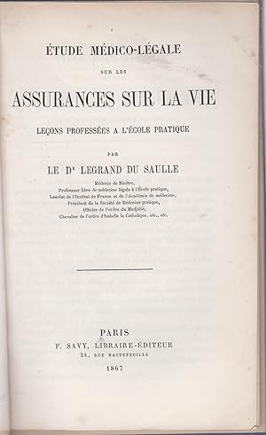 Bild des Verkufers fr Etude mdico-lgale sur les Assurances sur la Vie. zum Verkauf von LIBRAIRIE PIMLICO