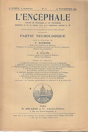 Image du vendeur pour L'Encphale journal de neurologie 4 anne n 11 10 novembre 1909 mis en vente par LIBRAIRIE PIMLICO