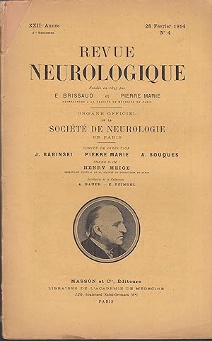 Image du vendeur pour Revue Neurologique 28 fvrier 1914 mis en vente par LIBRAIRIE PIMLICO