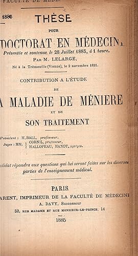 Seller image for Contribution  l'tude de la maladie de Mnire et de son traitement (thse soutenue devant Benjamin Ball & Cornil) for sale by LIBRAIRIE PIMLICO