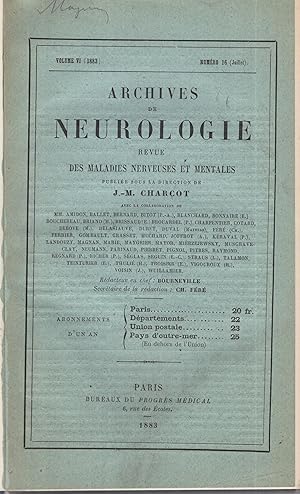 Image du vendeur pour Archives de Neurologie revue mensuelle des maladies nerveuses et mentales fonde par Jean-Martin Charcot publie sous la direction de Alix Joffroy & Valentin Magnan & Fulgence Raymond volume V 1883 tomes II mis en vente par LIBRAIRIE PIMLICO